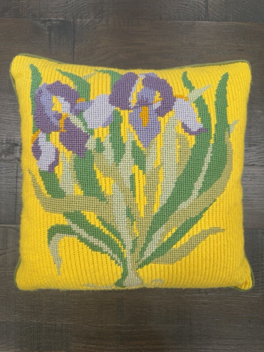 Vintage Needlepoint Iris Flower Throw Pillow 13x13 Green Back Cottage Decor